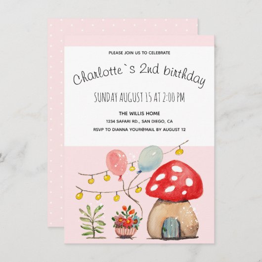 Waterverf Art Cute Mushroom en Flowers Aankondiging (Voorkant / Achterkant)
