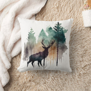 Waterverf Art Deer in Forest Trees Natuur Kussen