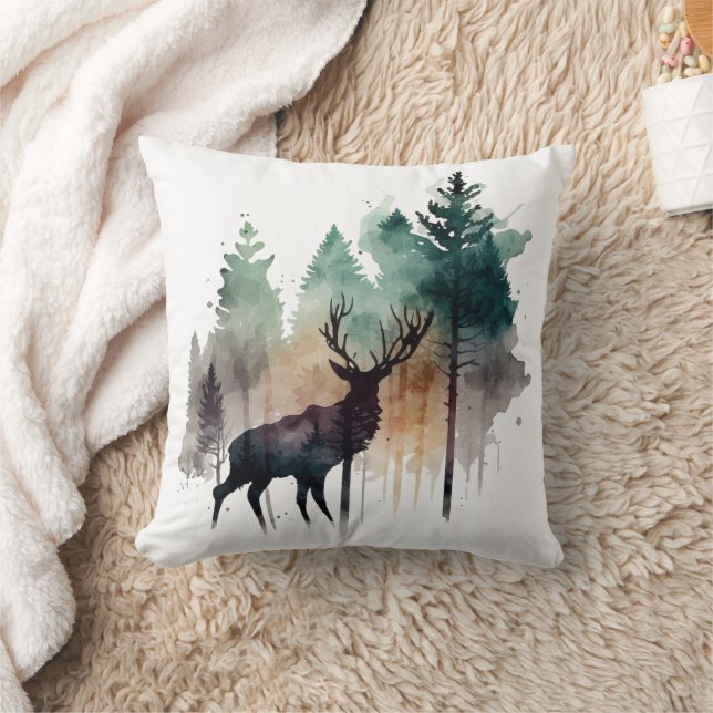 Waterverf Art Deer in Forest Trees Natuur Kussen (Deken)
