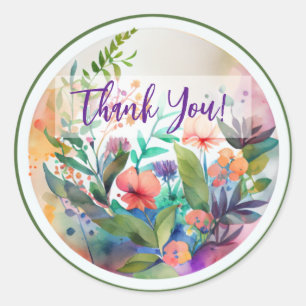 WATERVERF ART FLOWERS ONTWERP "DANK U" RONDE STICKER