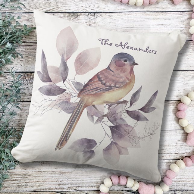Waterverf Art Garden Leaf Bird Monogrammed White Buitenkussen (Watercolor Bird and Leaves Garden Art Monogrammed Name White Outdoor Pillow)