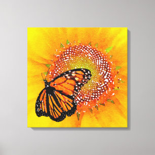 Waterverf Art Monarch Butterfly op zonnebloem Canvas Afdruk