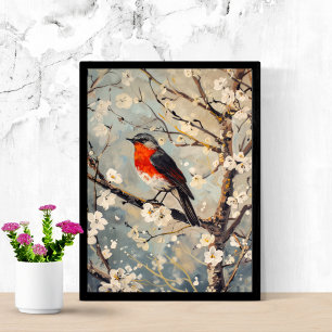 Waterverf Art Painted Bird in Tree White Flowers Poster