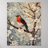 Waterverf Art Painted Bird in Tree White Flowers Poster (Voorkant)