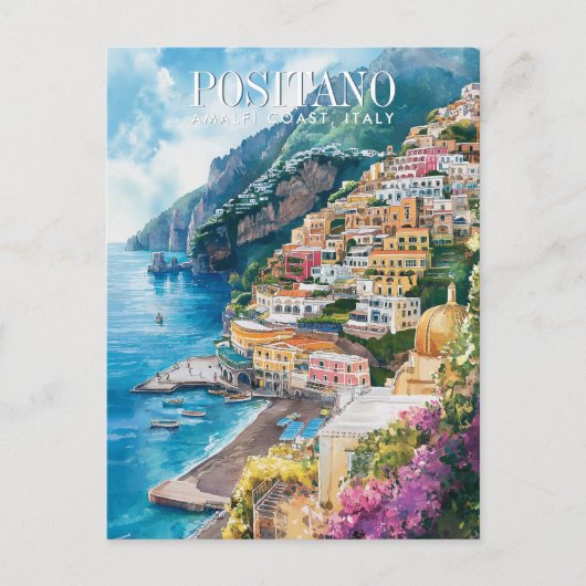 Waterverf Art Positano Amalfi Coast Italië Reizen Briefkaart (Voorkant)