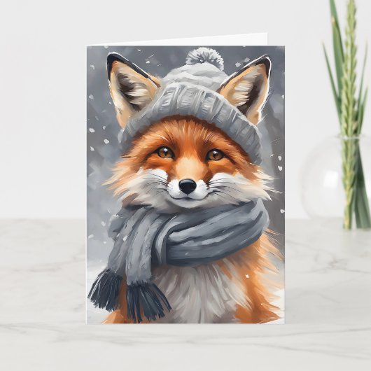 Waterverf Art Red Fox in Pet en Scarf Blank Kaart (Voorkant)