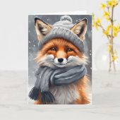 Waterverf Art Red Fox in Pet en Scarf Blank Kaart (Gele Bloem)