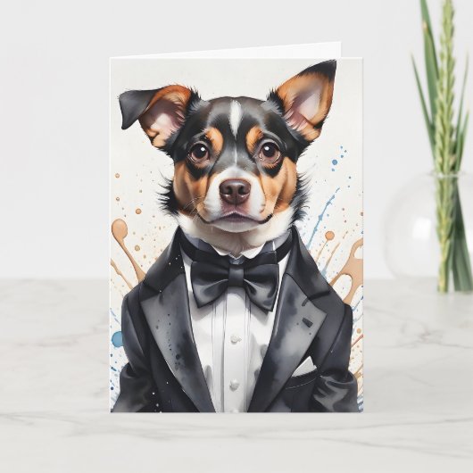 Waterverf Art Schattige Dog Tuxedo Black Bow Strop Kaart (Voorkant)