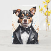 Waterverf Art Schattige Dog Tuxedo Black Bow Strop Kaart (Gele Bloem)