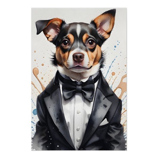 Waterverf Art Schattige Dog Tuxedo Black Bow Strop Perfect Poster (Voorkant)