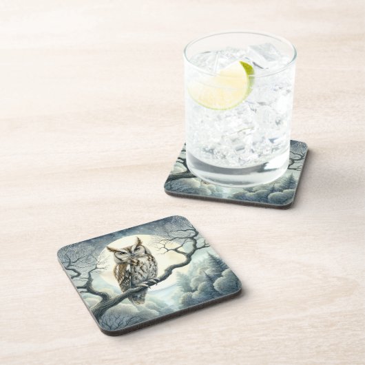 Waterverf Art Screech Uil Bier Onderzetter (Rechterzijde)