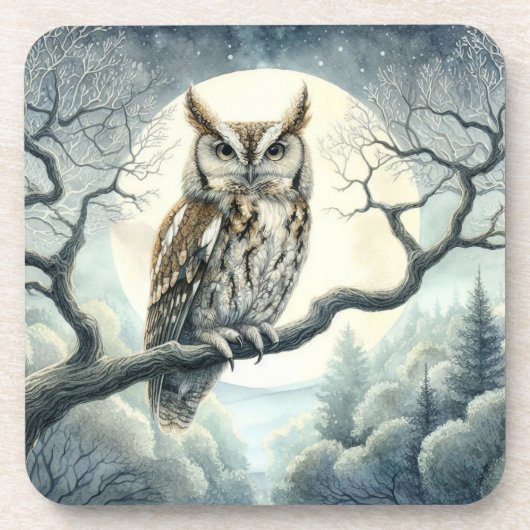 Waterverf Art Screech Uil Bier Onderzetter (Voorkant)