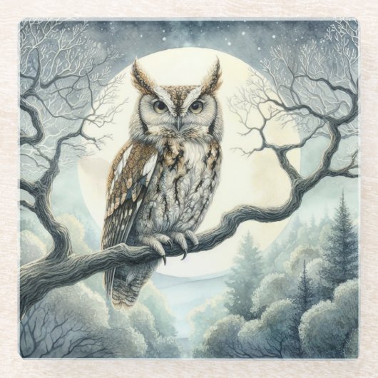 Waterverf Art Screech Uil Glazen Onderzetter (Voorkant)