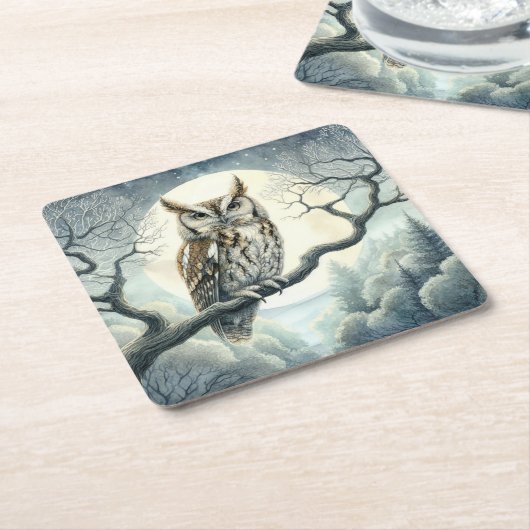 Waterverf Art Screech Uil Kartonnen Onderzetters (Schuin)