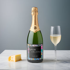 Waterverf Artistic Flowers ELK verjaardagsfeestje Sparkling Wijnetiket