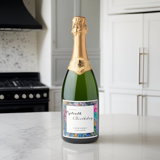 Waterverf Artistic Flowers ELK verjaardagsfeestje Sparkling Wijnetiket