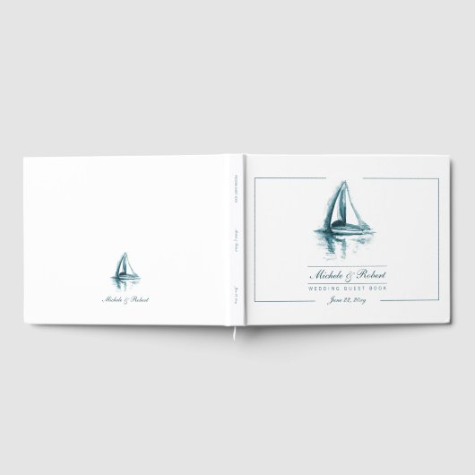 Waterverf artistiek blauw op witte zeilboot gastenboek (Volledig)