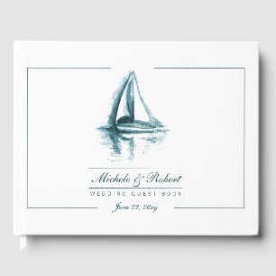 Waterverf artistiek blauw op witte zeilboot gastenboek