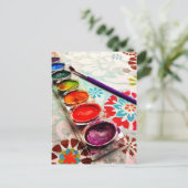 Waterverf artistieke schilderlade en penseel op bl briefkaart (Staand voorkant)