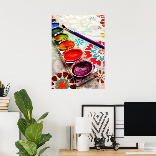 Waterverf artistieke schilderlade en penseel op bl poster (Thuiskantoor)