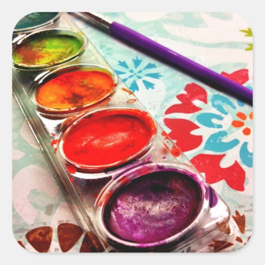 Waterverf artistieke schilderlade en penseel op bl vierkante sticker (Voorkant)