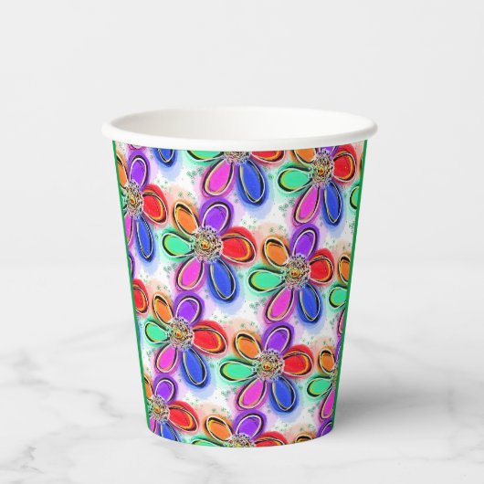 Waterverf Artsy Flowers rood groen Papieren Bekers (Voorkant)