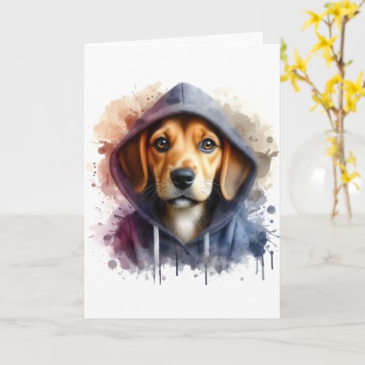 Waterverf Artwork Brown Dog in een Hoodie Splatter Kaart (Gele Bloem)