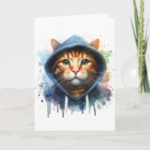Waterverf Artwork Tabby Cat Blue Hoodie Splatter Kaart