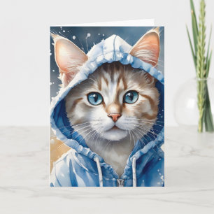 Waterverf Artwork Tabby Cat Blue Hoodie Splatter Kaart