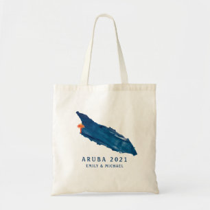 Waterverf Aruba Blue Map met Sun Oranje Palm Tre Tote Bag