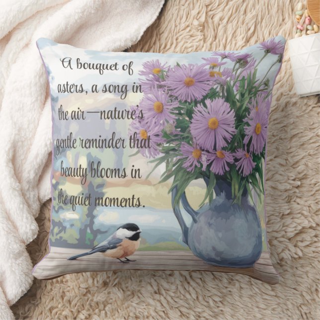 Waterverf Asters en Chickadee Quote Sierkussen (Deken)