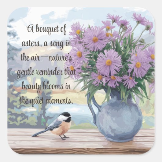 Waterverf Asters en Chickadee Quote Vierkante Sticker (Voorkant)