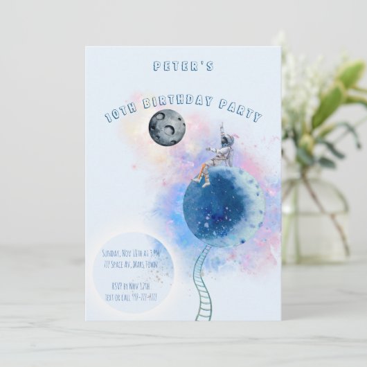 Waterverf Astronaut and Space Birthday-uitnodiging Kaart (Staand voorkant)