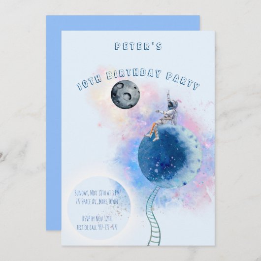 Waterverf Astronaut and Space Birthday-uitnodiging Kaart (Voorkant / Achterkant)