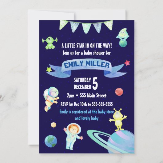 Waterverf Astronaut Space Baby shower Invitation Kaart (Voorkant)