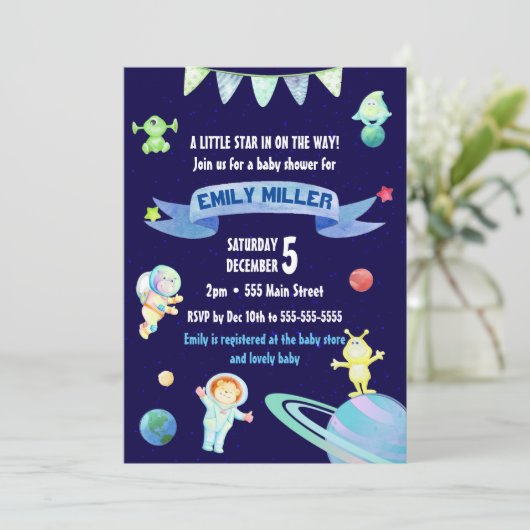 Waterverf Astronaut Space Baby shower Invitation Kaart (Staand voorkant)