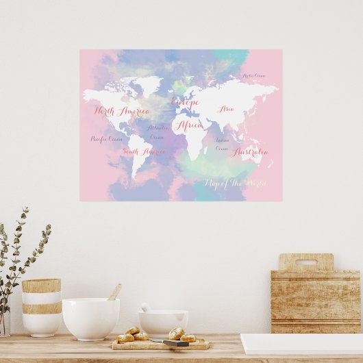 waterverf atlas . kaart van het wereldgeografische poster (Keuken)