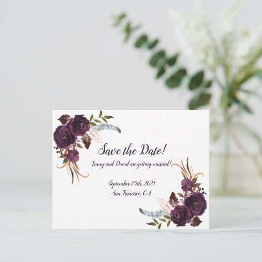 Waterverf aubergine Paarse bloemen opslaan de datu Uitnodiging Briefkaart (Staand voorkant)