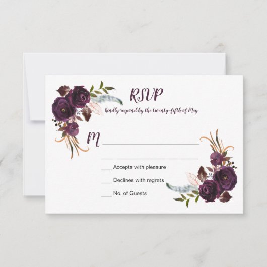 Waterverf Aubergine Paarse Rozen Bloemen Boho RSVP (Voorkant)