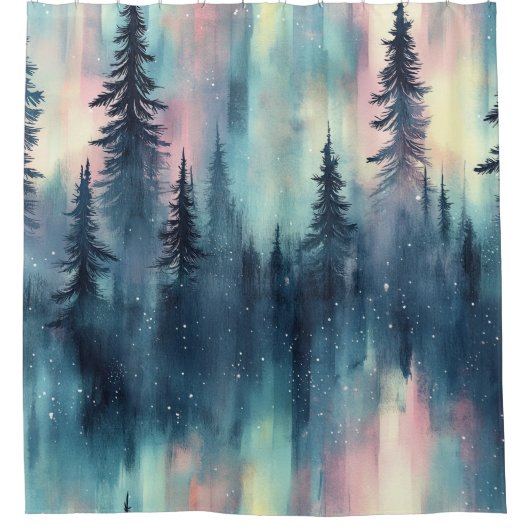 Waterverf Aurora Borealis Bos Douchegordijn (Voorkant)
