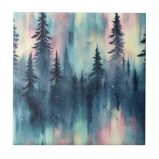 Waterverf Aurora Borealis Bos Tegeltje (Voorkant)