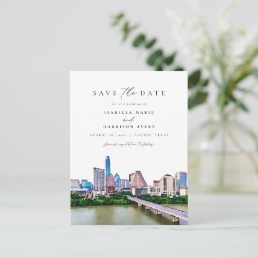 Waterverf Austin Texas Skyline Travel Destination Briefkaart (Staand voorkant)