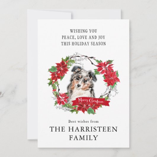 Waterverf Australian Shepherd Poinsettia Wreath Feestdagenkaart (Voorkant)