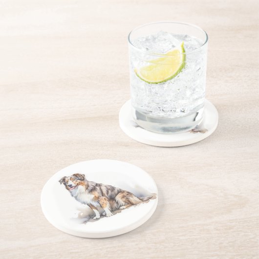 Waterverf Australian Shepherd Zandsteen Onderzetter (Zijkant)