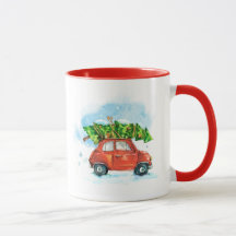 Waterverf auto met kerstboom bovenaan