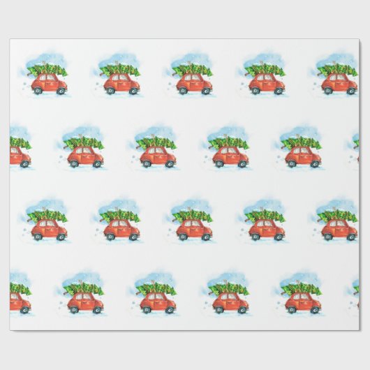 Waterverf auto met kerstboom cadeaupapier (Vlak)