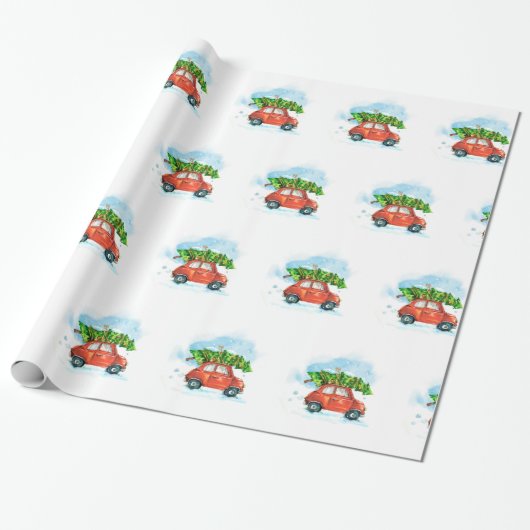 Waterverf auto met kerstboom cadeaupapier (Uitgerold)