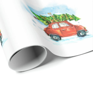 Waterverf auto met kerstboom cadeaupapier