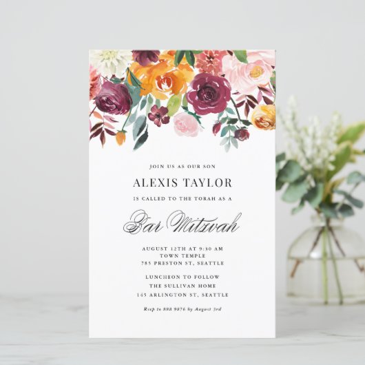 Waterverf Autumn Blooms Bar Mitzvah uitnodiging (Staand voorkant)