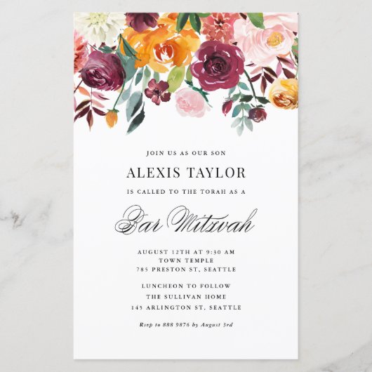 Waterverf Autumn Blooms Bar Mitzvah uitnodiging (Voorkant)